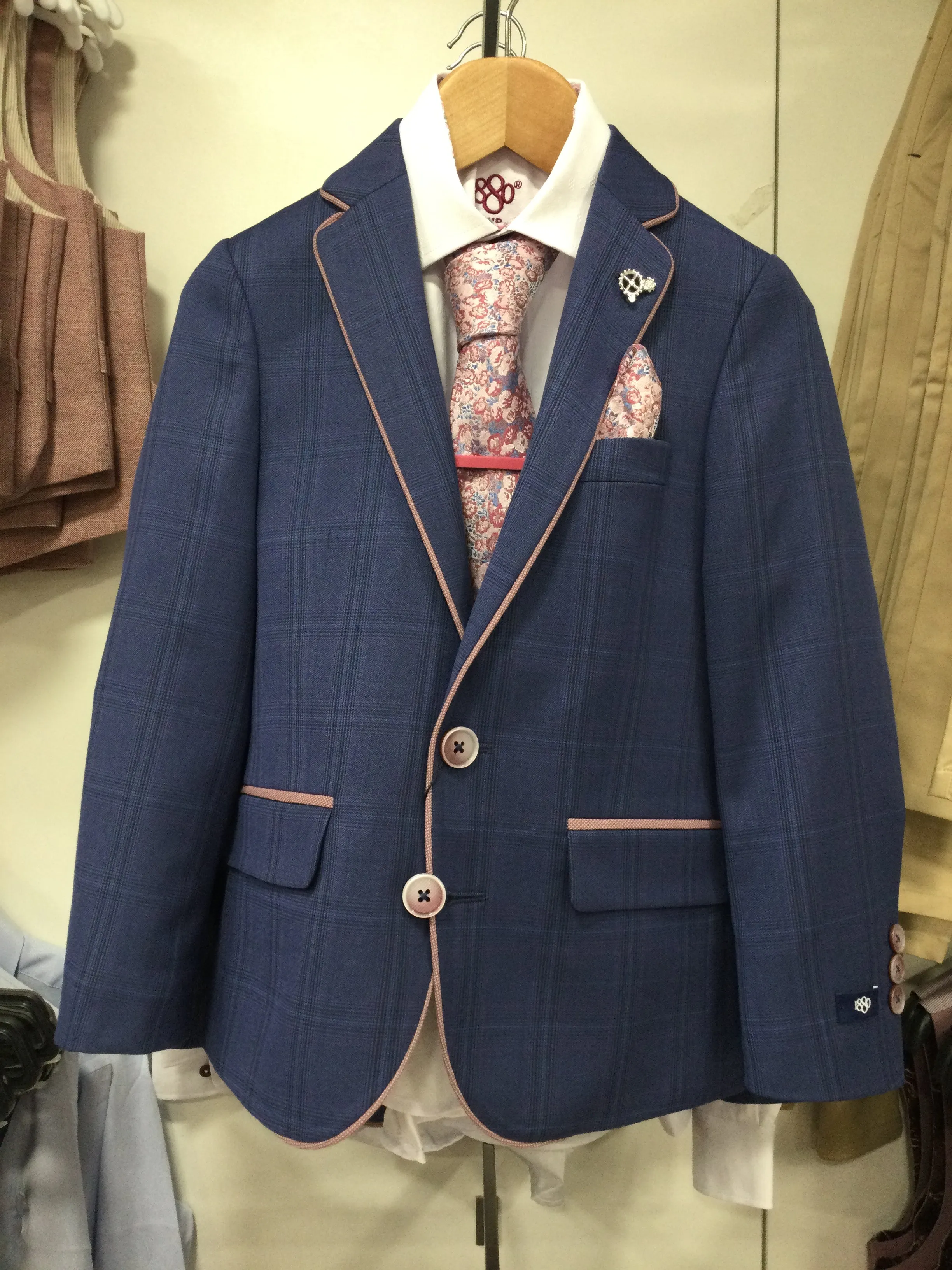 1880 Club Boys Navy Check With Pink Trim Blazer