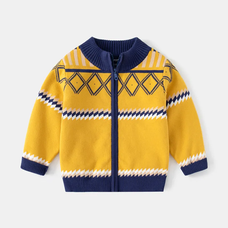 18M-6Y Toddler Boys Diamond Jacquard Zipper Cardigan Jacket Fashion Sweater Coat Wholesale Childrens Clothing Distributors