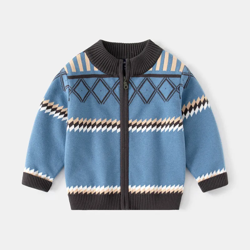 18M-6Y Toddler Boys Diamond Jacquard Zipper Cardigan Jacket Fashion Sweater Coat Wholesale Childrens Clothing Distributors