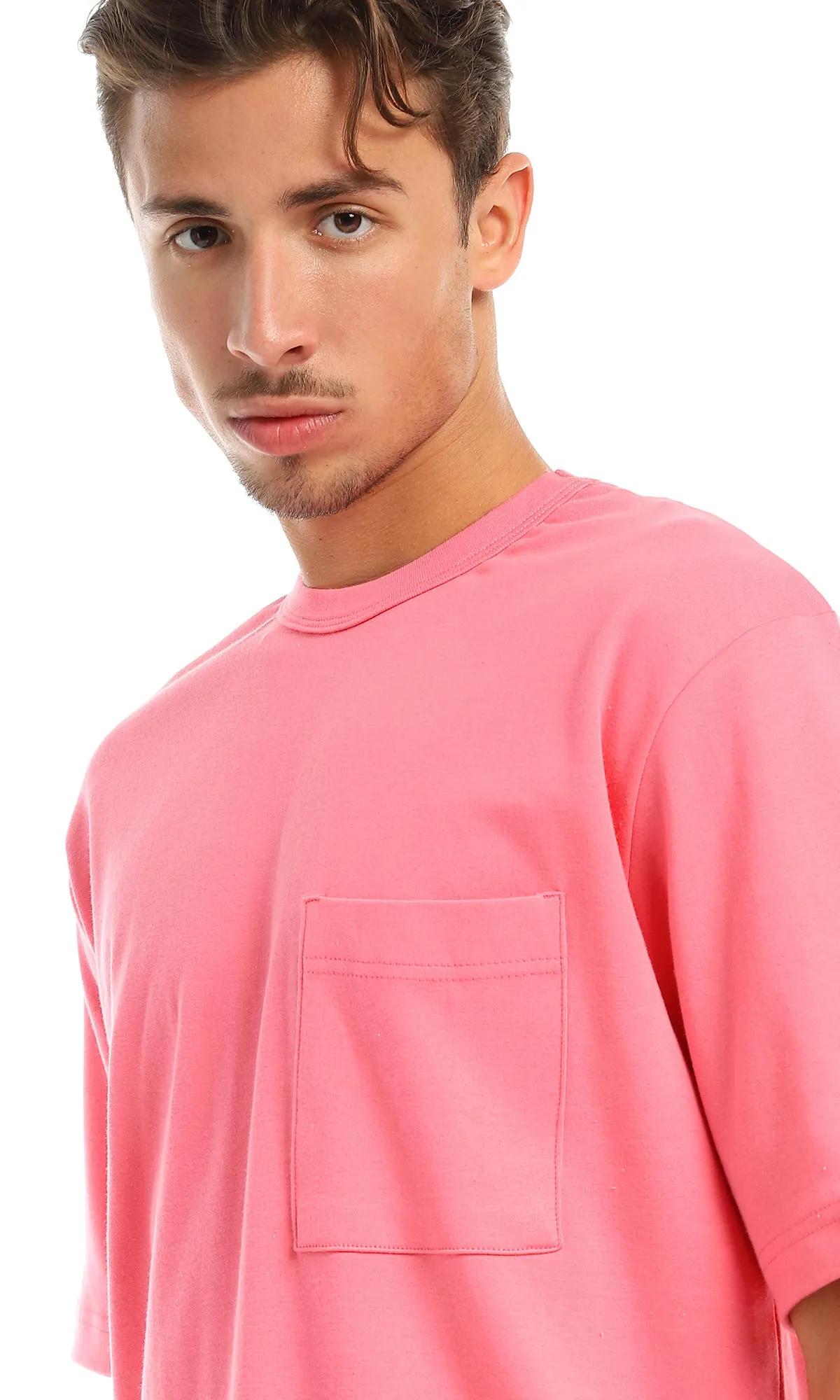 97705 Solid Basic Round Patched Pocket Light Pink T-Shirt