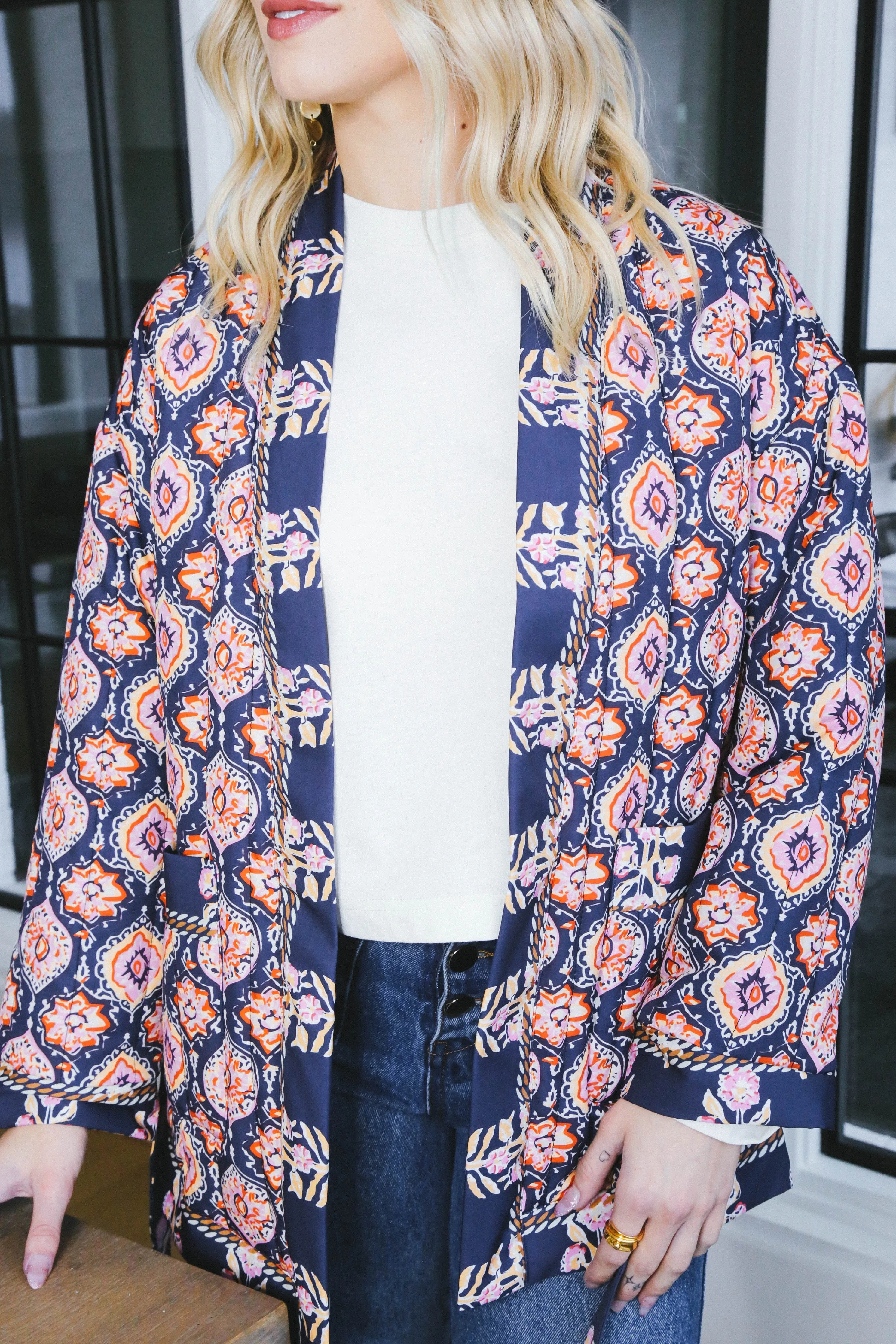 Adley Printed Long Quilted Jacket, Navy Pink