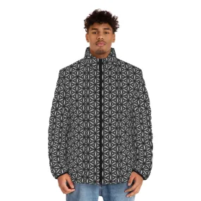 Black Geometric Men's Puffer Jacket (AOP)