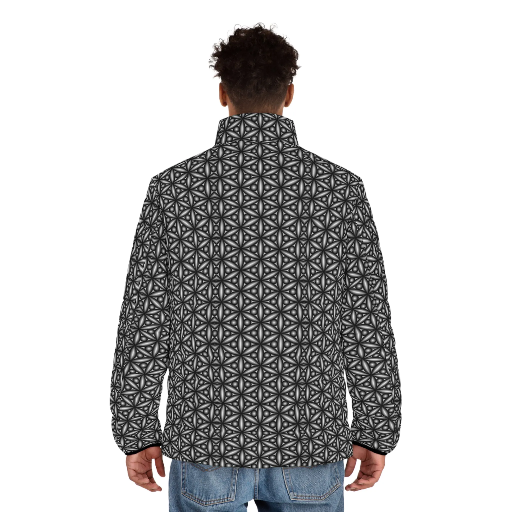 Black Geometric Men's Puffer Jacket (AOP)