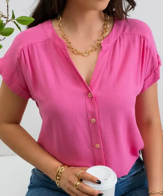 Button Down Shirt with Roll Sleeves - Pink