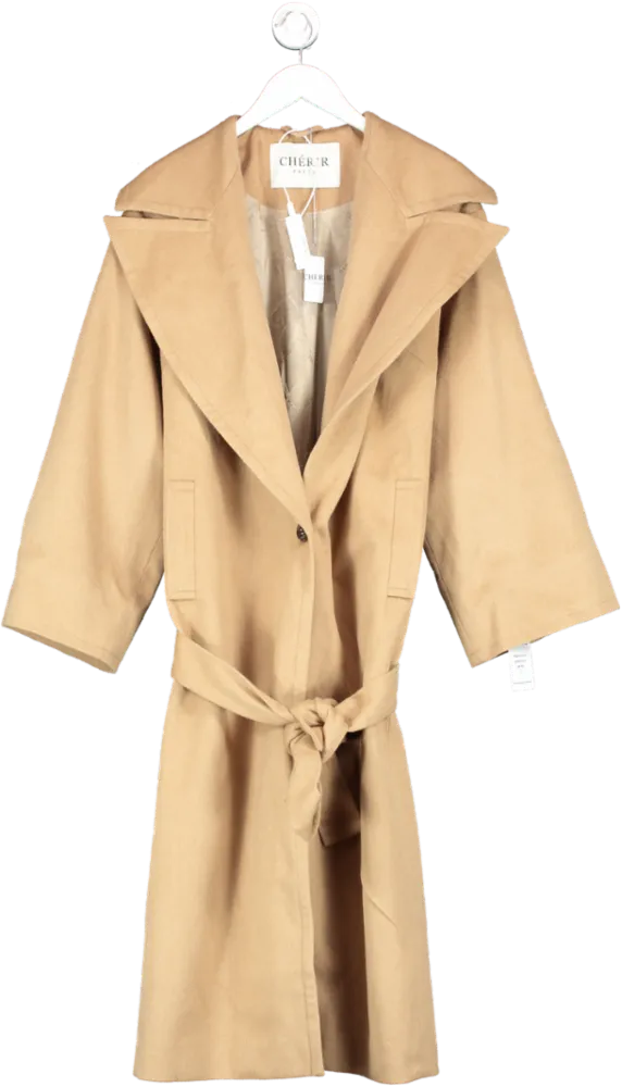 Cherir Paris Beige Camel Wool Maxi Coat With Tie Belt UK S