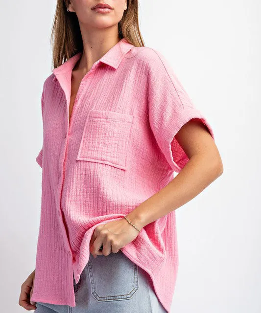 Cotton Gauze Button Down Top - Bubble Pink