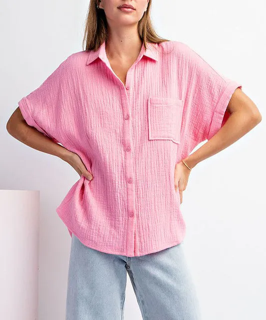 Cotton Gauze Button Down Top - Bubble Pink