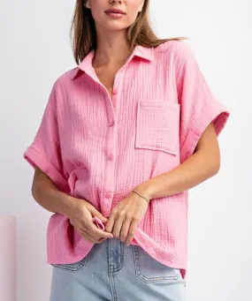 Cotton Gauze Button Down Top - Bubble Pink