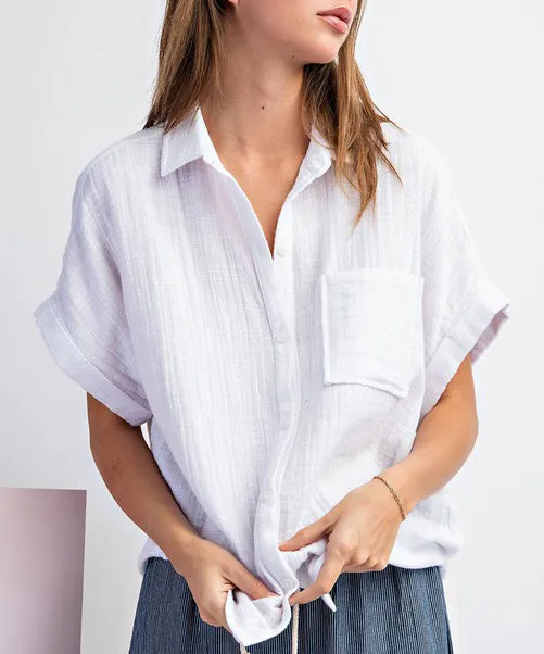 Cotton Gauze Button Down Top - Off Whte