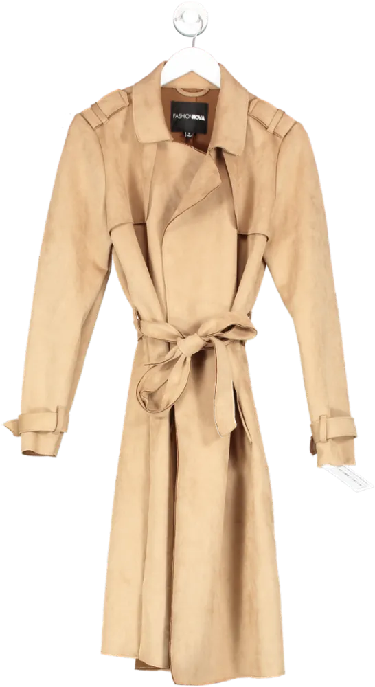 Fashion Nova Beige Building Businesses Faux Suede Trench Coat UK S