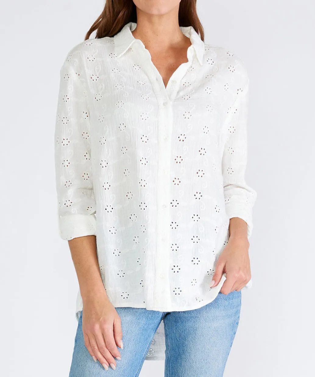 Floral Embroidered Button Down Blouse - White