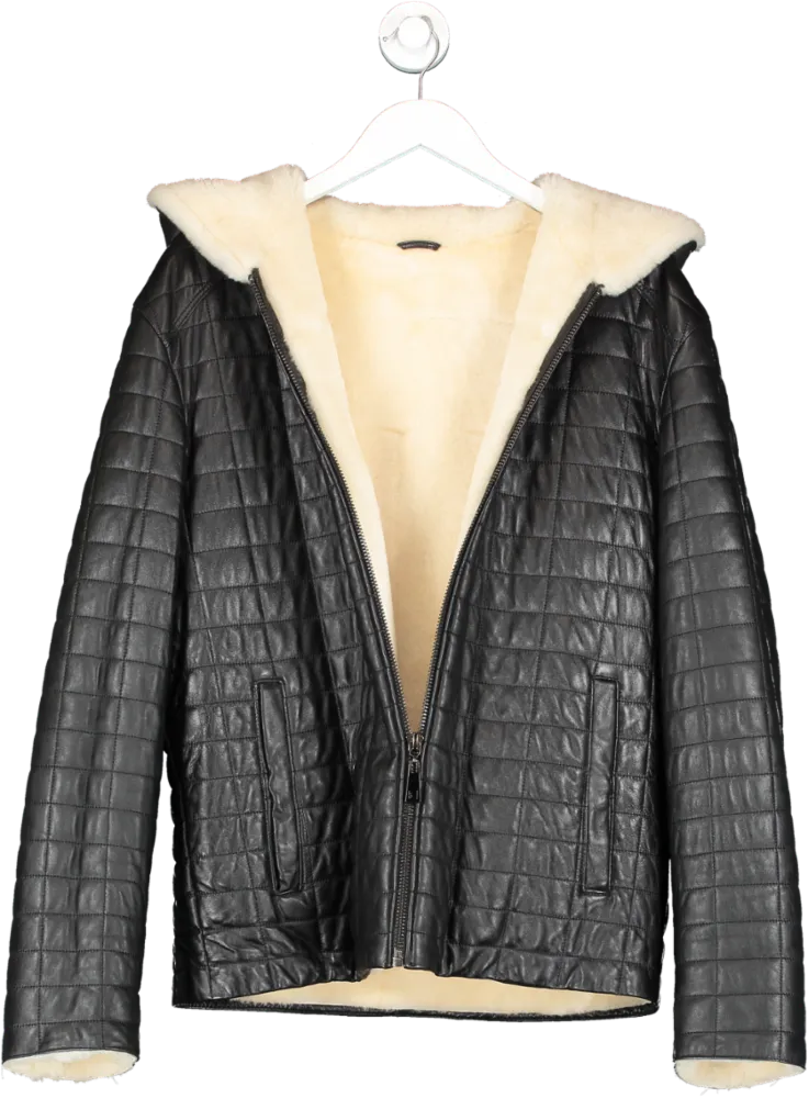 Helmsman Collection Black Luxury Quilted Leather Hooded Jacket With Shearling Lining UK 50"