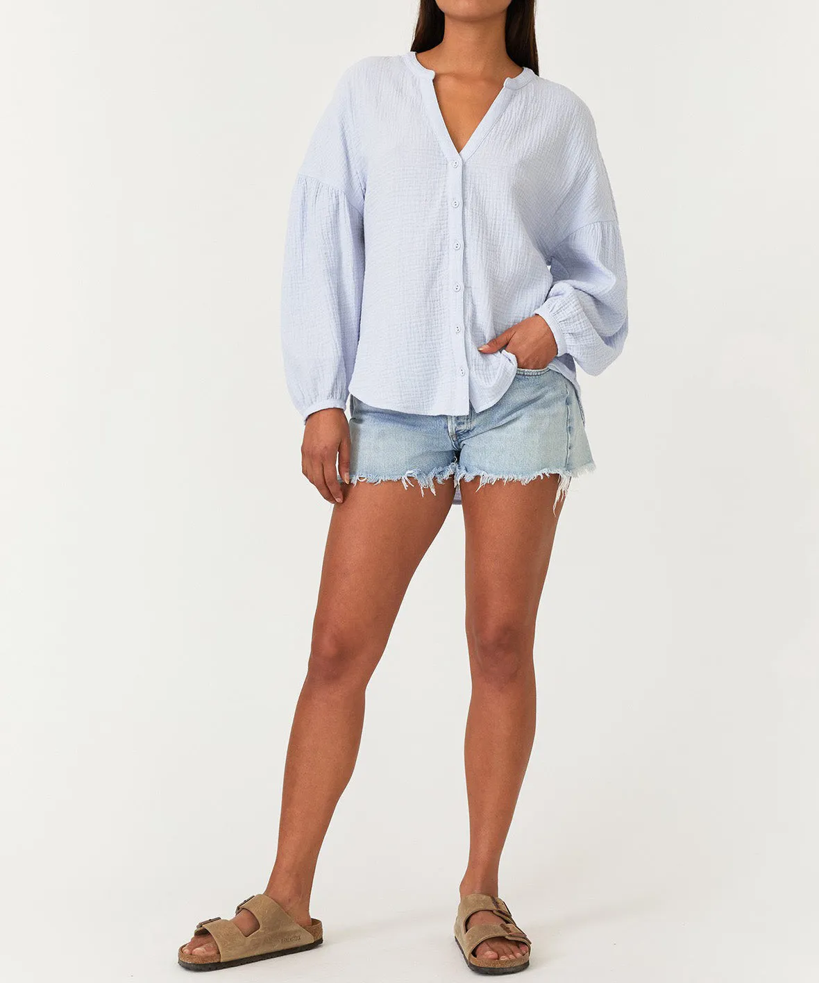 High-Low Button Down Blouse - Dusty Blue