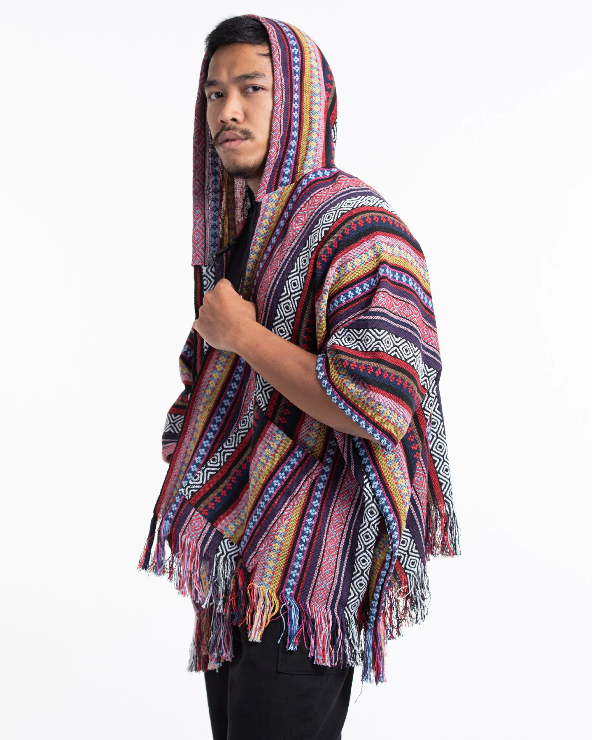 Hill Tribe Cotton Hooded Poncho Jacket in Red Pink