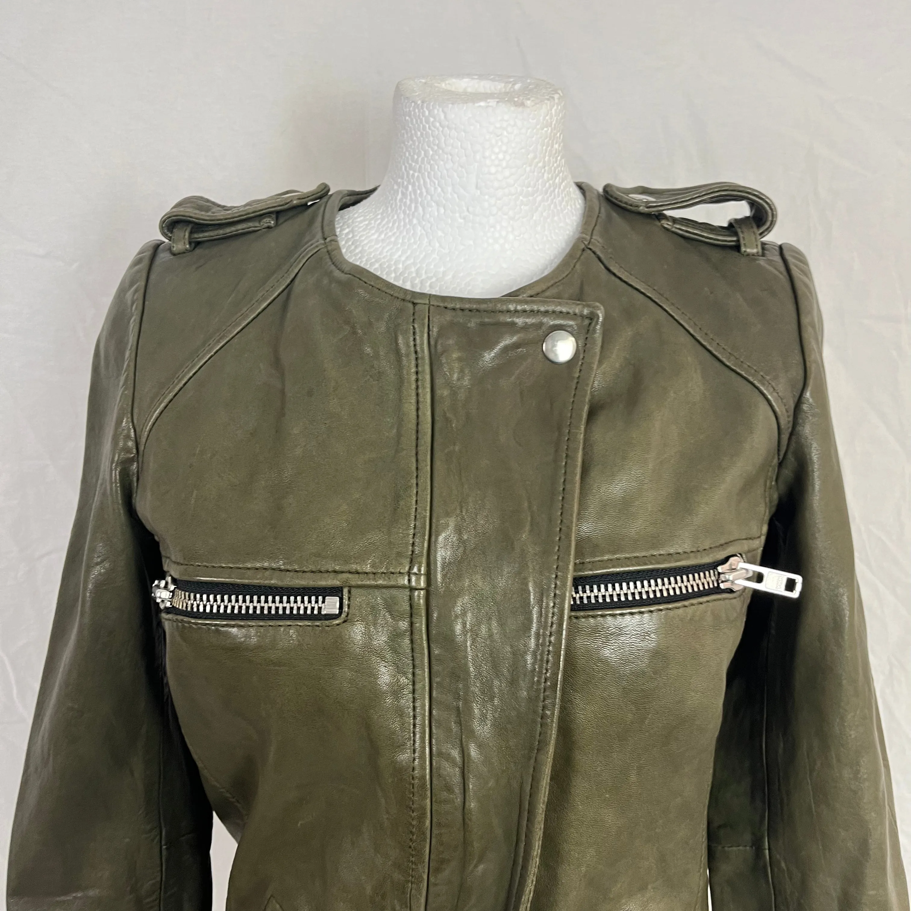 Isabel Marant Etoile Khaki Leather Biker Jacket XXS