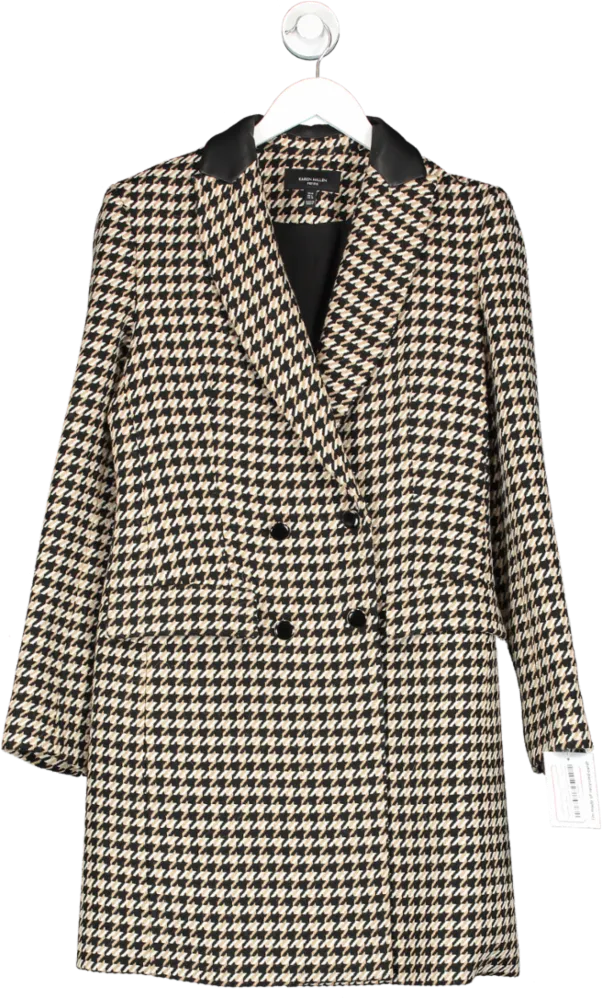 Karen Millen Beige Houndstooth Faux Leather Contrast Double Breasted Coat petite UK 10