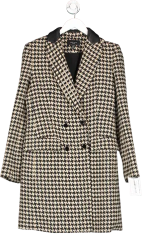 Karen Millen Beige Houndstooth Faux Leather Contrast Double Breasted Coat petite UK 10