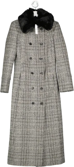 Karen Millen x Lydia Millen Black Tailored Check Maxi Coat with Faux Fur Collar - UK Size 8