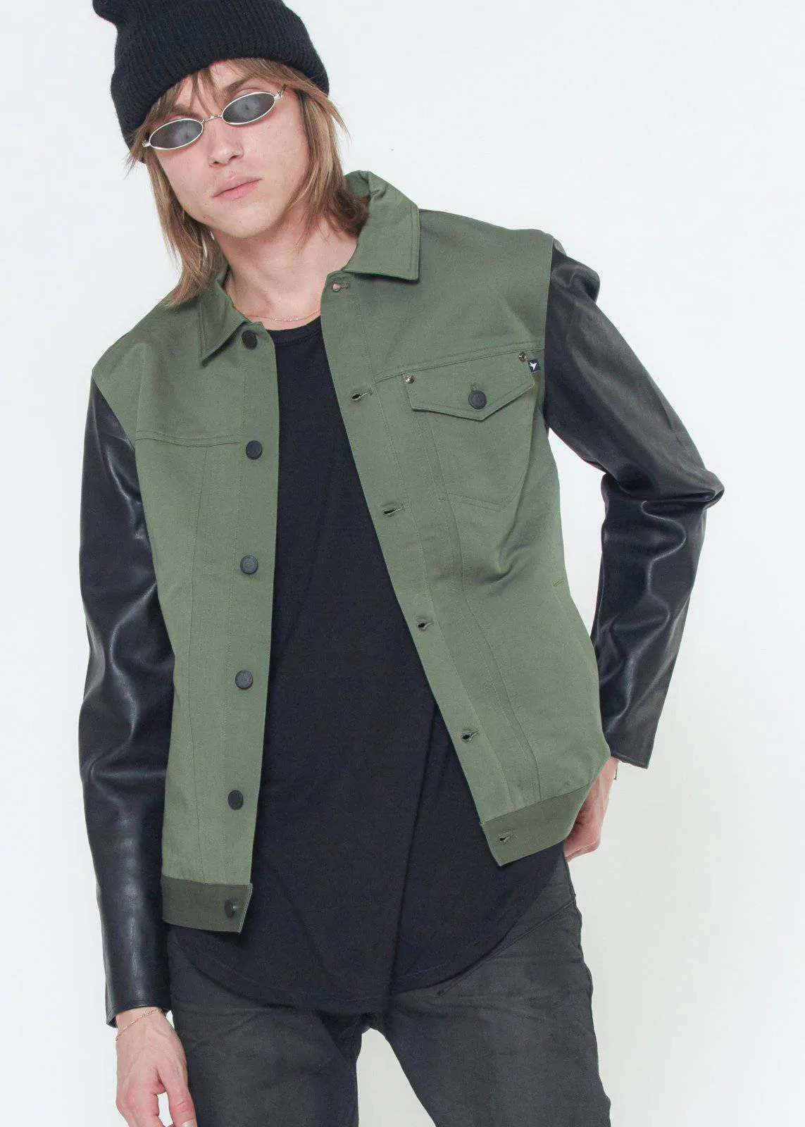 Konus Men's Faux Leather Trucker Jacket in Olive