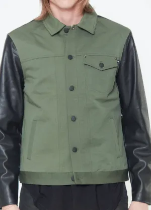 Konus Men's Faux Leather Trucker Jacket in Olive