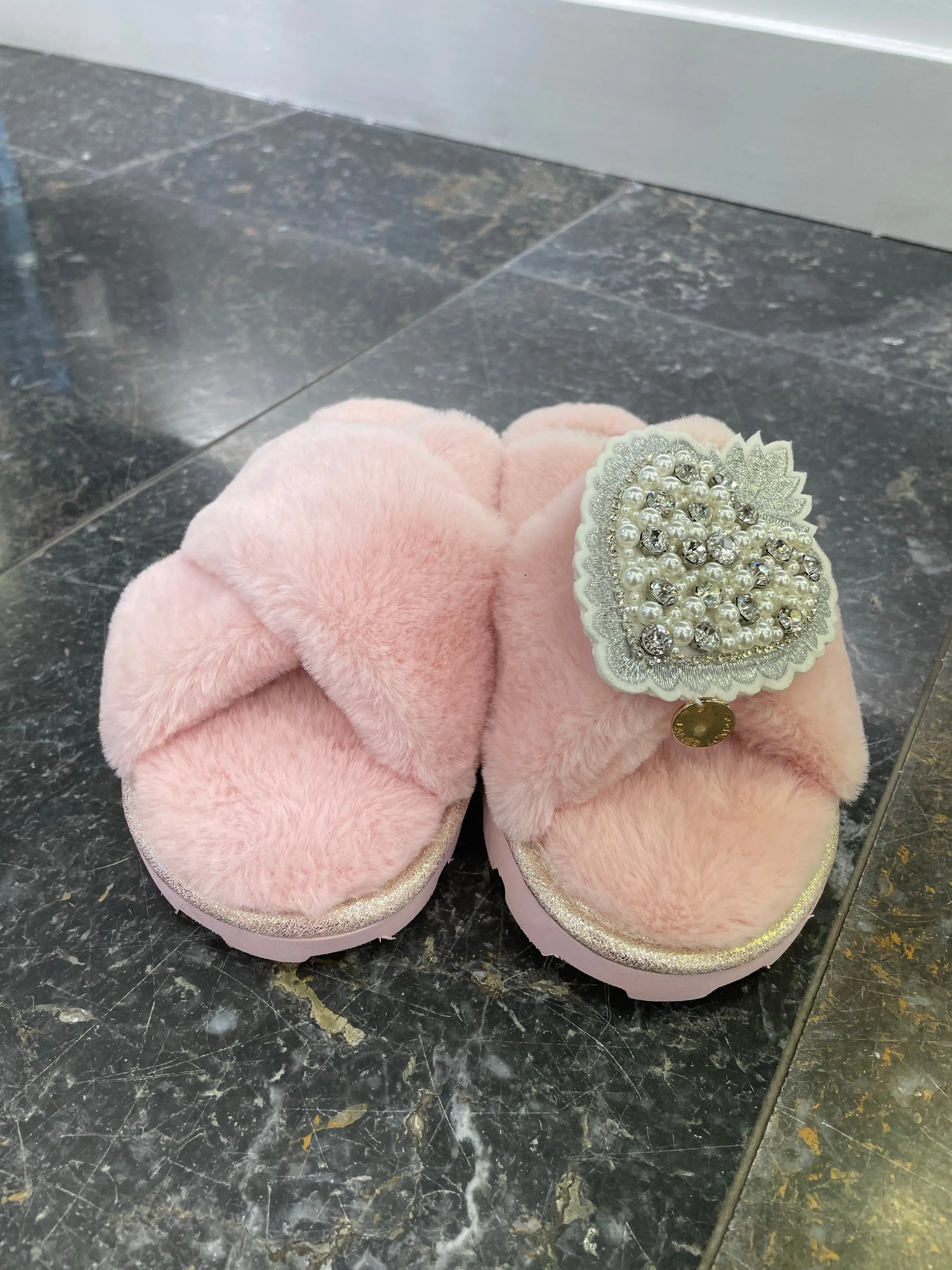 Laines London Pink Pearl Heart Slippers