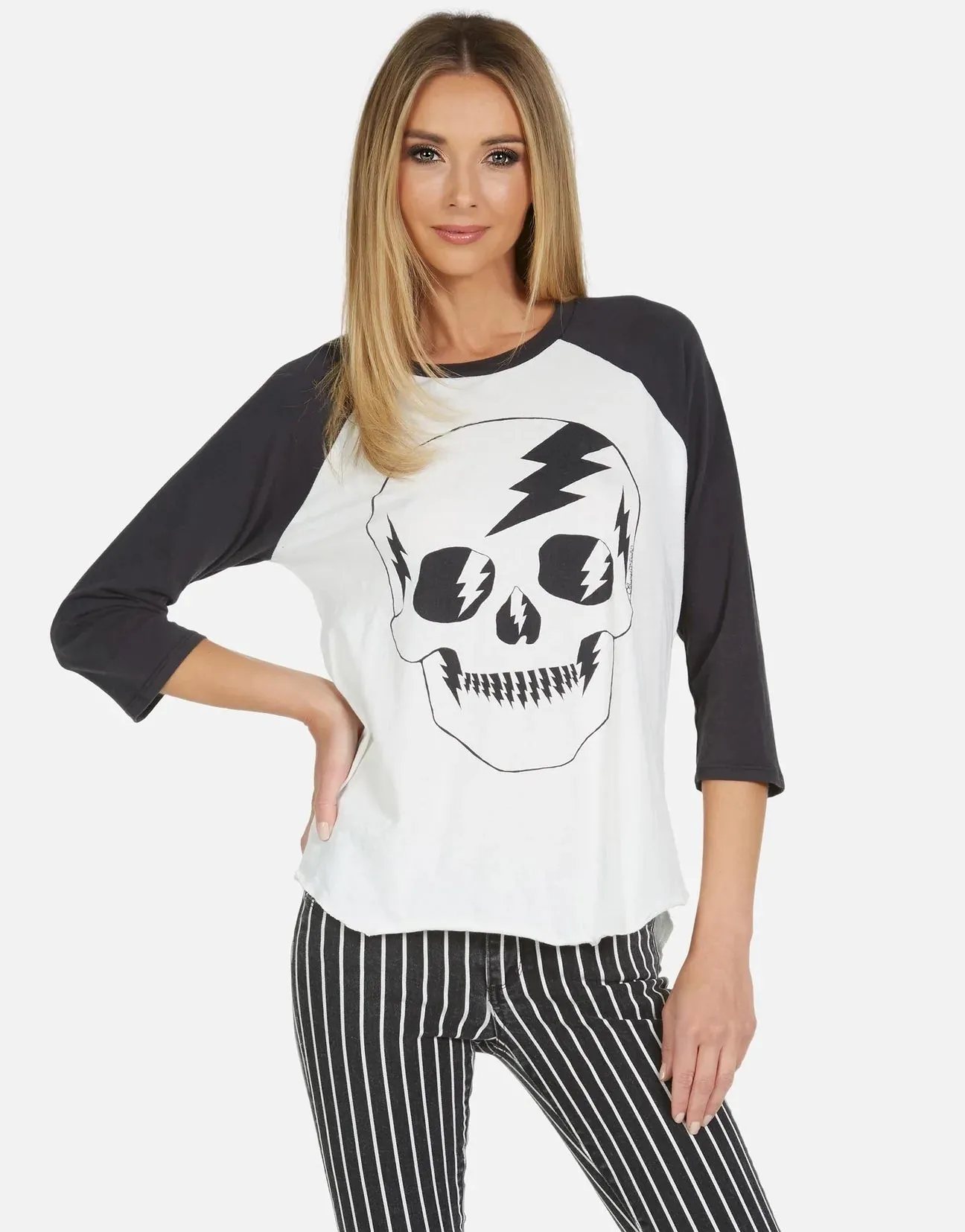 Lauren Moshi Womens Kenya Electric Skull Graphic Baseball Tee - Stylish Casual Top with Unique Design