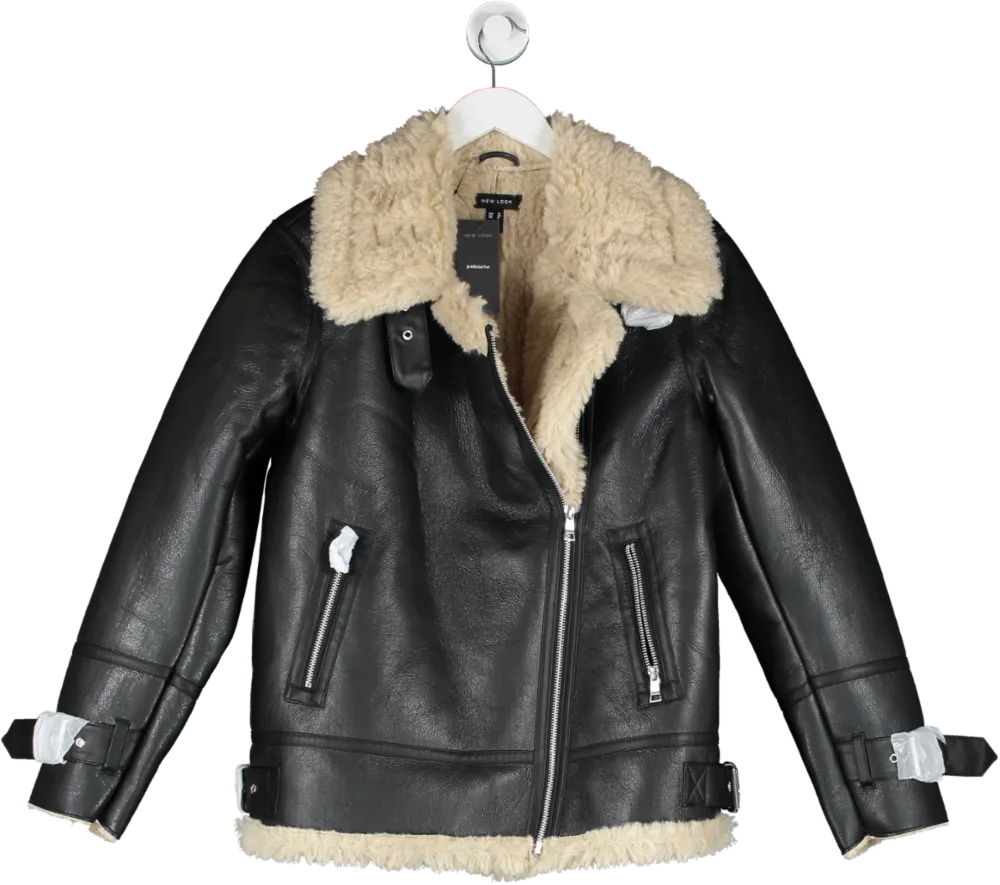 New Look Black Aurora Cross Front Faux Fur Jacket UK 12