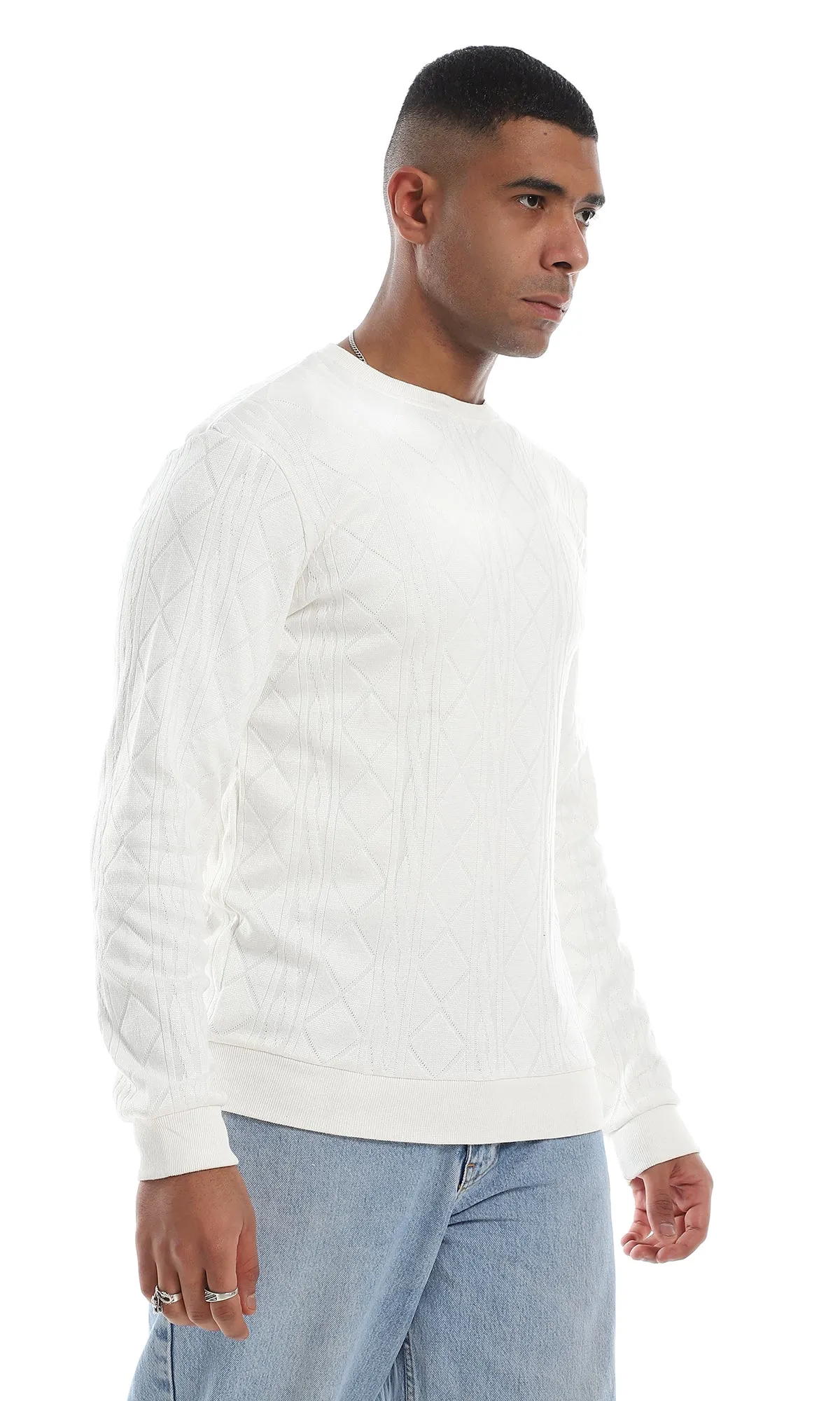 O160531 Cozy Round Neck Knitted Off White Pullover