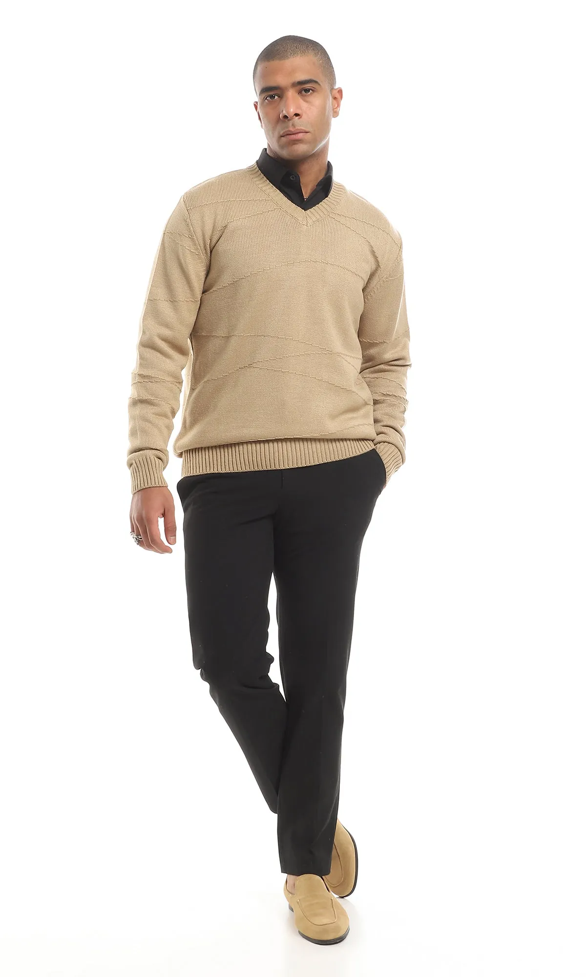 O161325 Cozy V-Neck Knitted Acrylic Pullover - Coffee