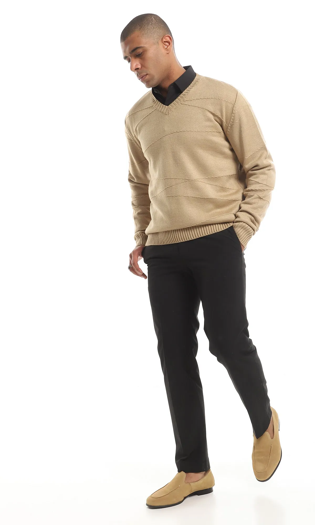 O161325 Cozy V-Neck Knitted Acrylic Pullover - Coffee