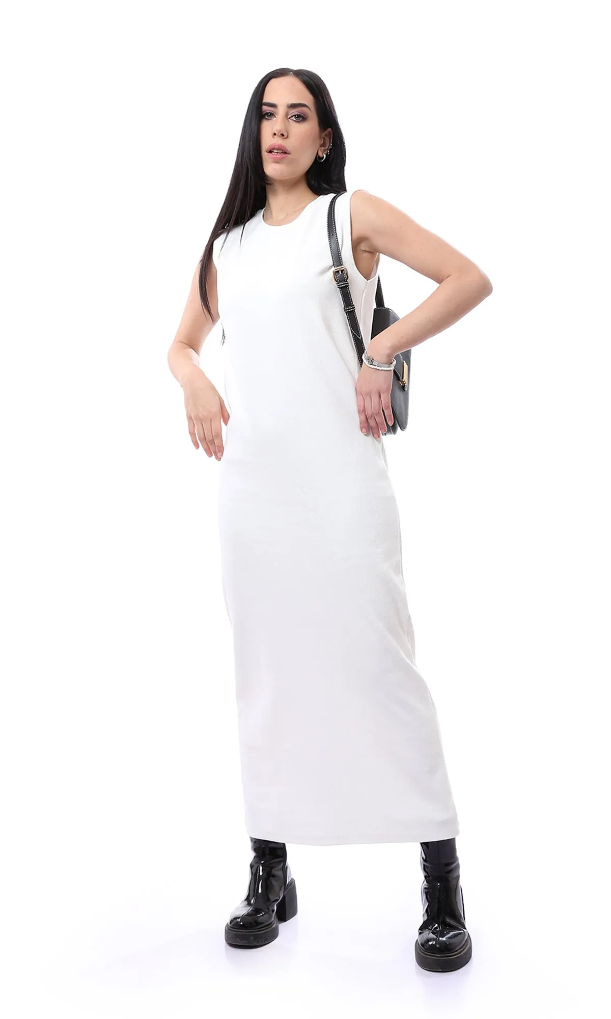 O166316 Off-White Self Ribbed Sleeveless Maxi Dress