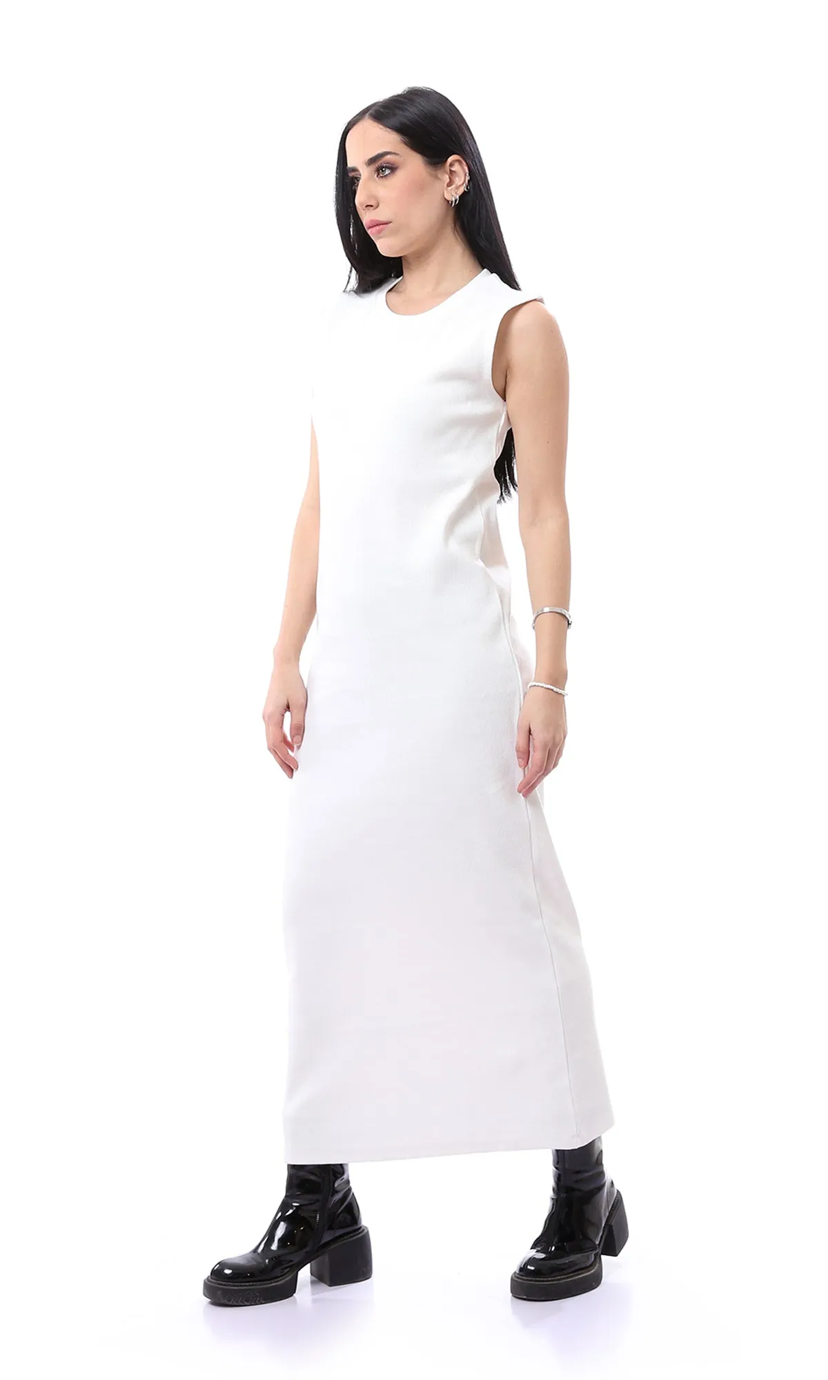 O166316 Off-White Self Ribbed Sleeveless Maxi Dress