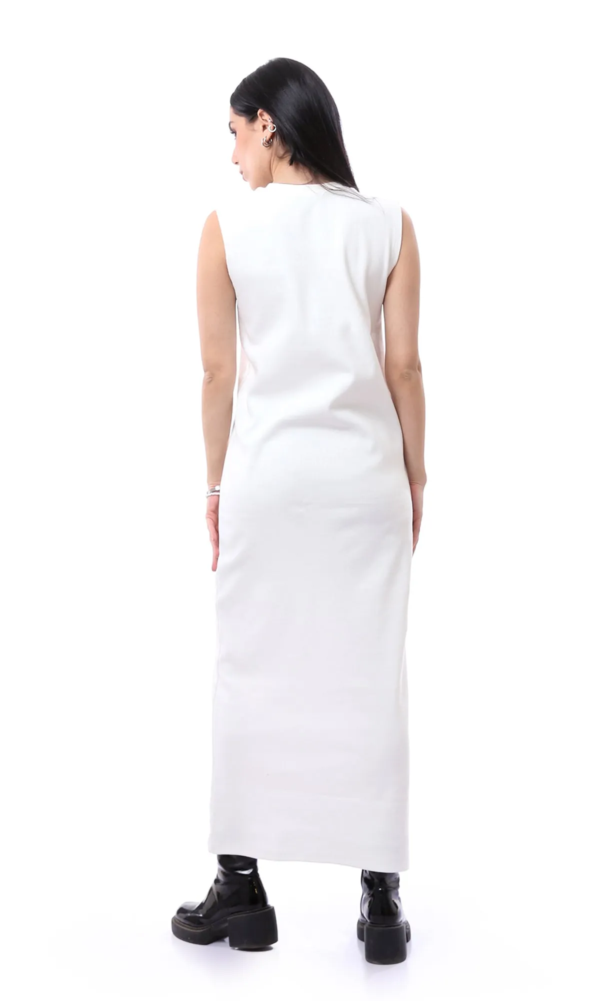 O166316 Off-White Self Ribbed Sleeveless Maxi Dress