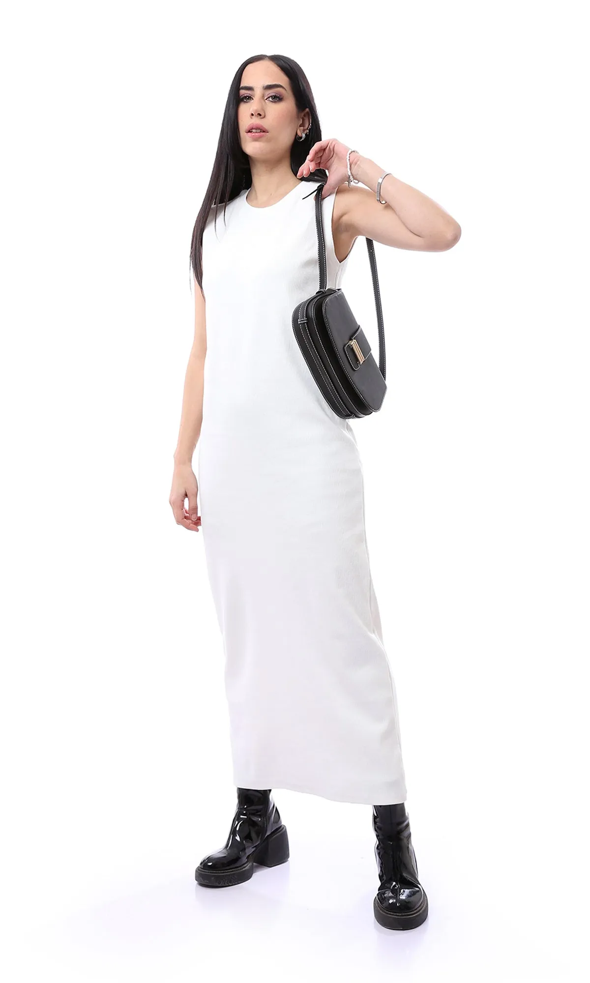 O166316 Off-White Self Ribbed Sleeveless Maxi Dress