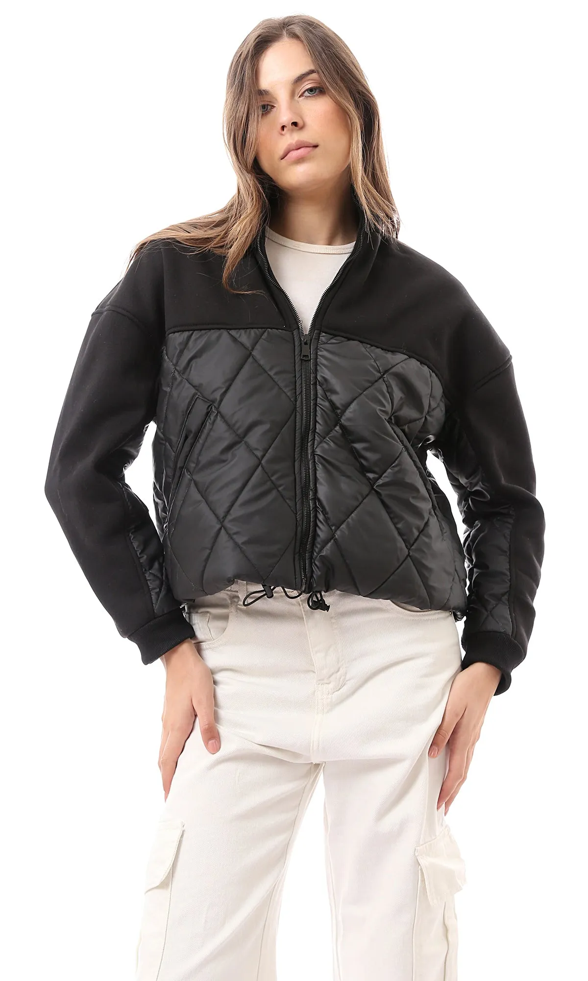 O173802 Quilted & Solid Black Winter Jacket