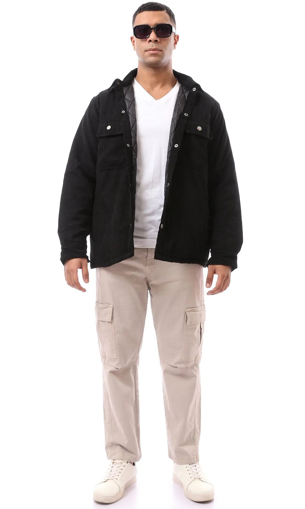 O174071 Classic Collar Black Corduroy Winter Jacket