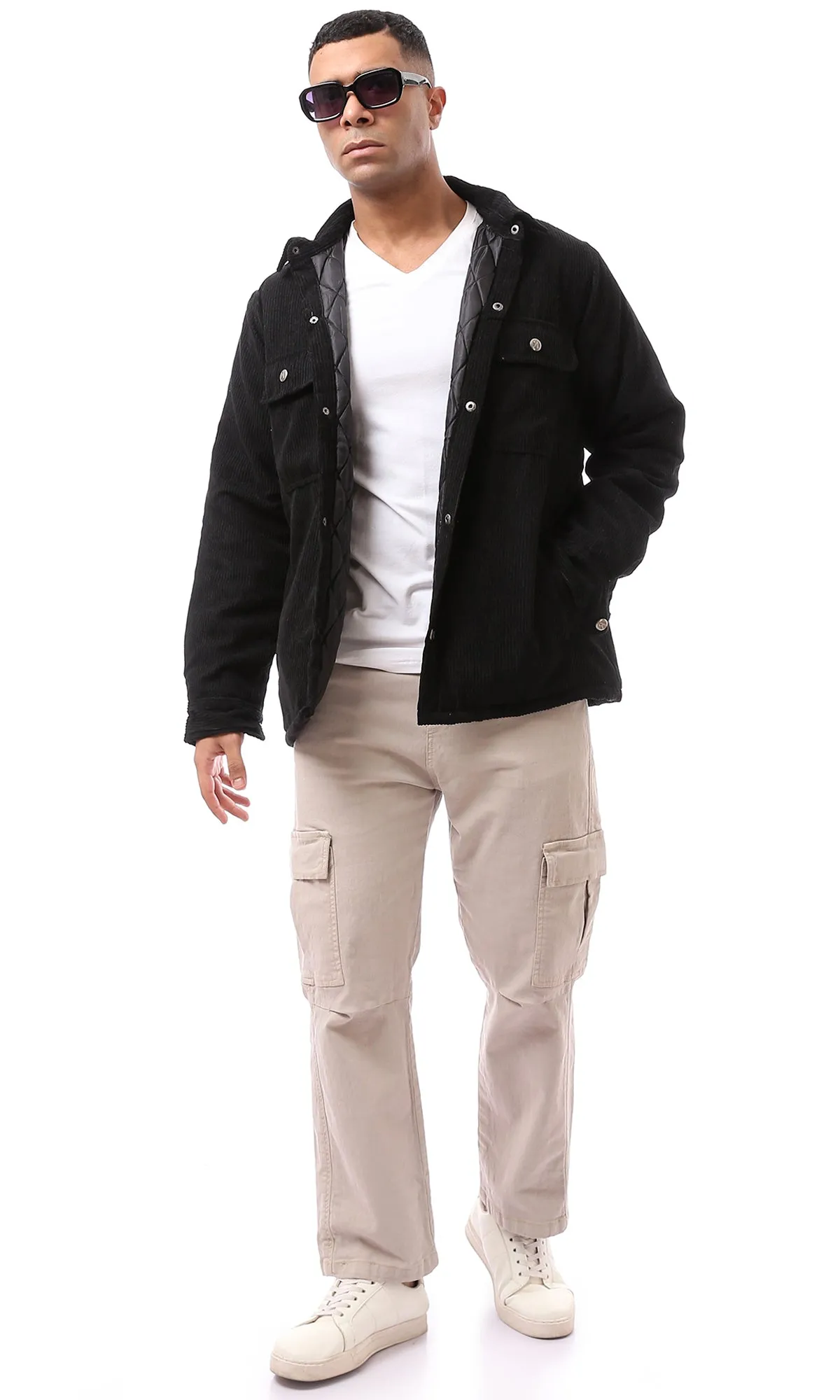 O174071 Classic Collar Black Corduroy Winter Jacket