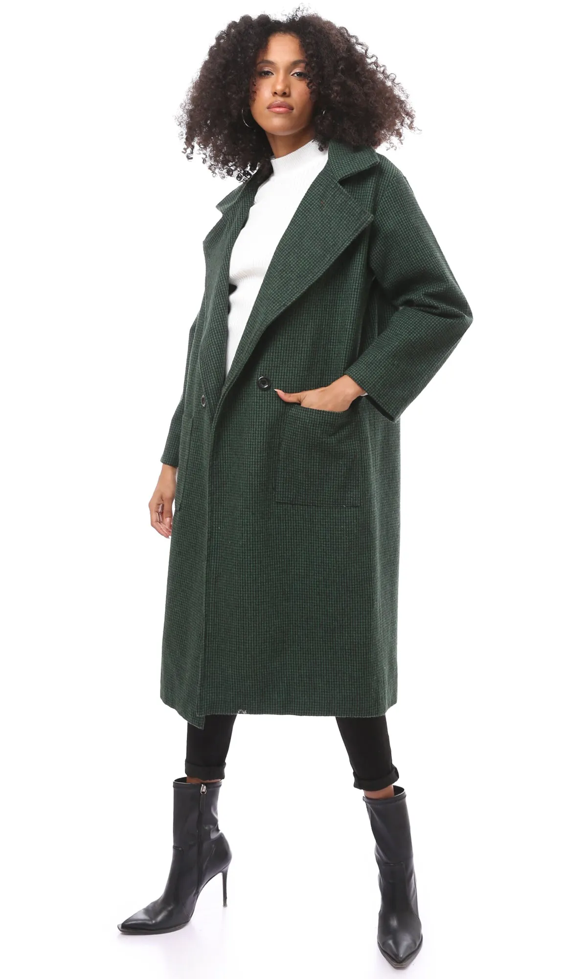 O174175 Dark Green & Black Houndstooth Coat With Pockets