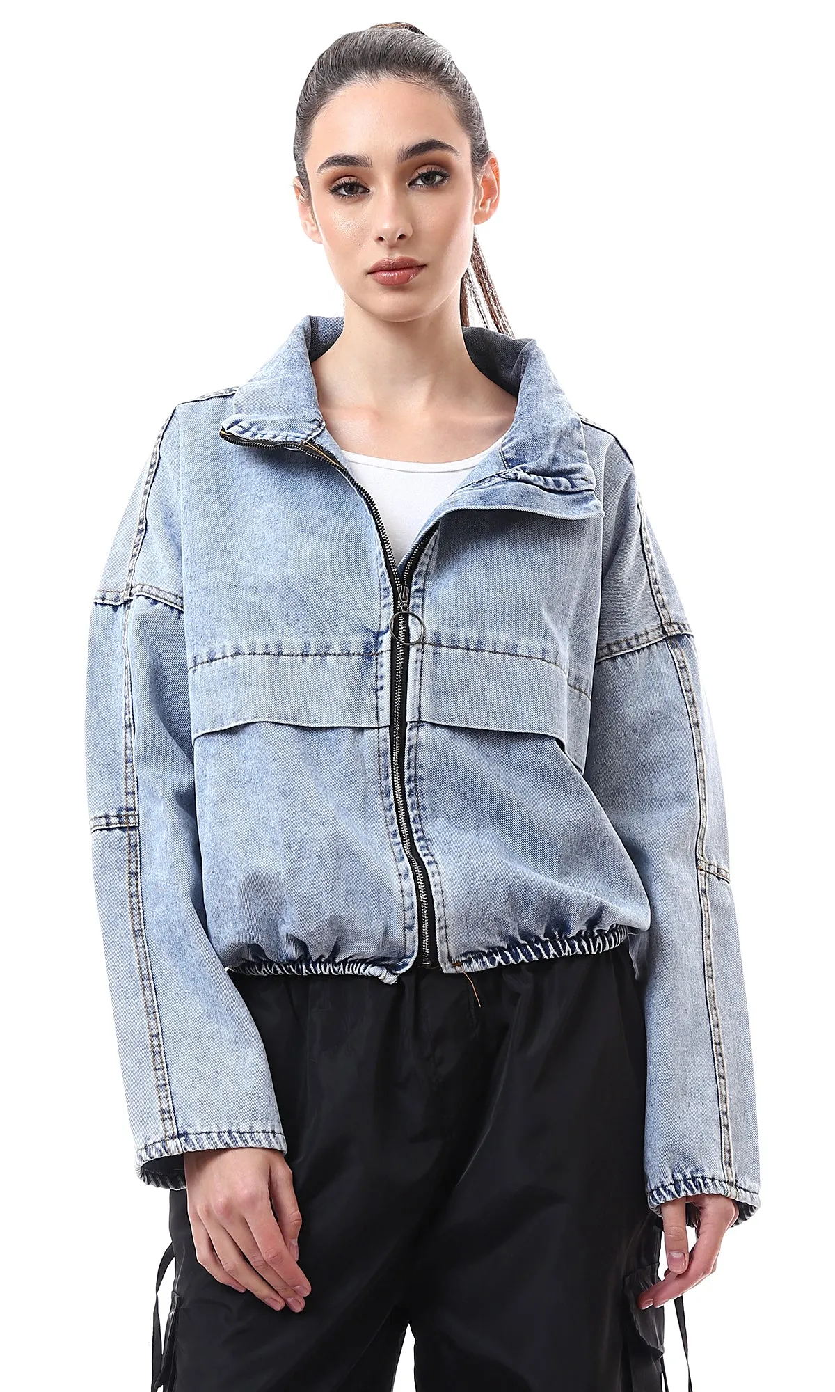 O175691 Stonewash Turn Down Collar Casual Denim Jacket