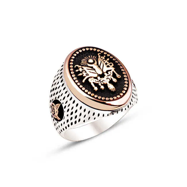 Ottoman Coat of Arms on Ellipse Silver Men’s Ring Siding Teardrop Pattern and Ottoman Tughra