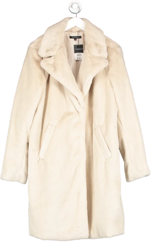 Peacocks Beige Ivory Faux Fur Coat UK 16