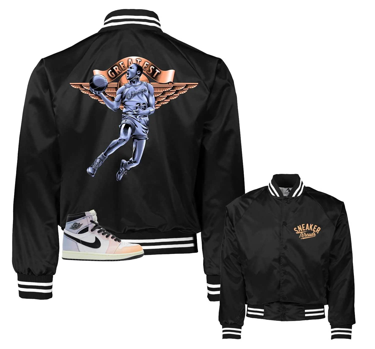 Retro 1 Skyline Satin Jacket- Greatest - Black