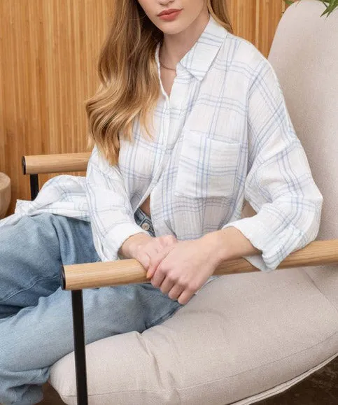 Soft Grid Button Down Top - Denim Blue