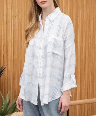 Soft Grid Button Down Top - Denim Blue