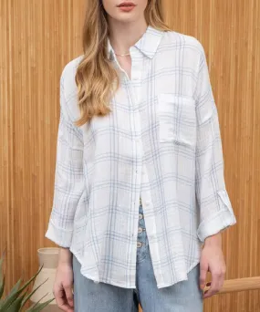 Soft Grid Button Down Top - Denim Blue