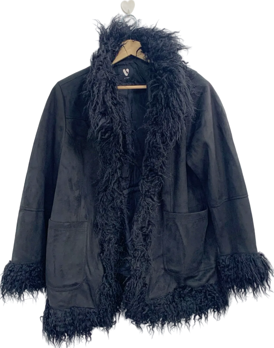 V by Very Black Faux Fur Trim Coat UK 20