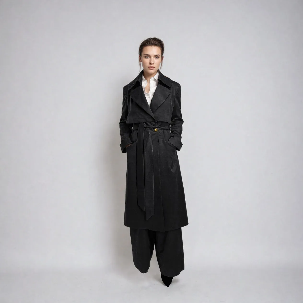 Vegan Silk Trench Coat - Linen & Cupro | Black