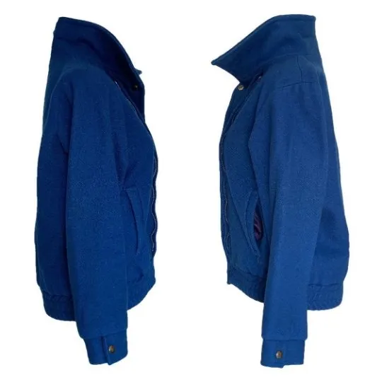 Vintage 1980s Blue Wool Bomber Jacket with Removable Capelet. Warm 2 in 1 Winter Coat.