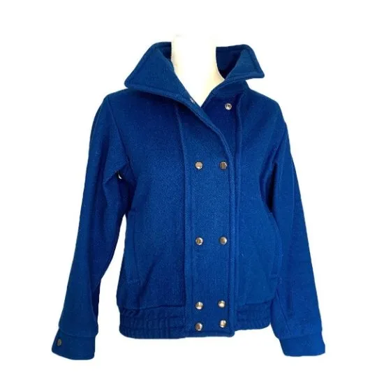 Vintage 1980s Blue Wool Bomber Jacket with Removable Capelet. Warm 2 in 1 Winter Coat.