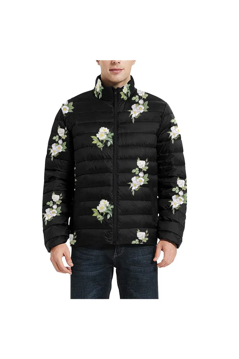 White Floral Unisex Stand Collar Padded Jacket